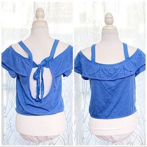 Abercrombie & Fitch blue off the shoulder ruffle neckline bow tie open back top